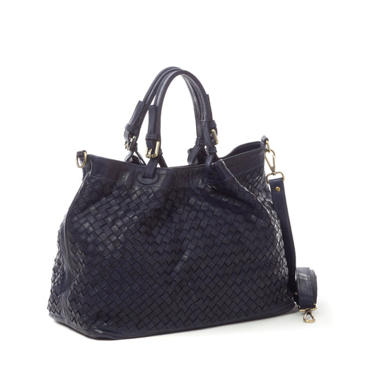 Italian Braided Leather Handbag - Sara Grande in Black - Made in Florence