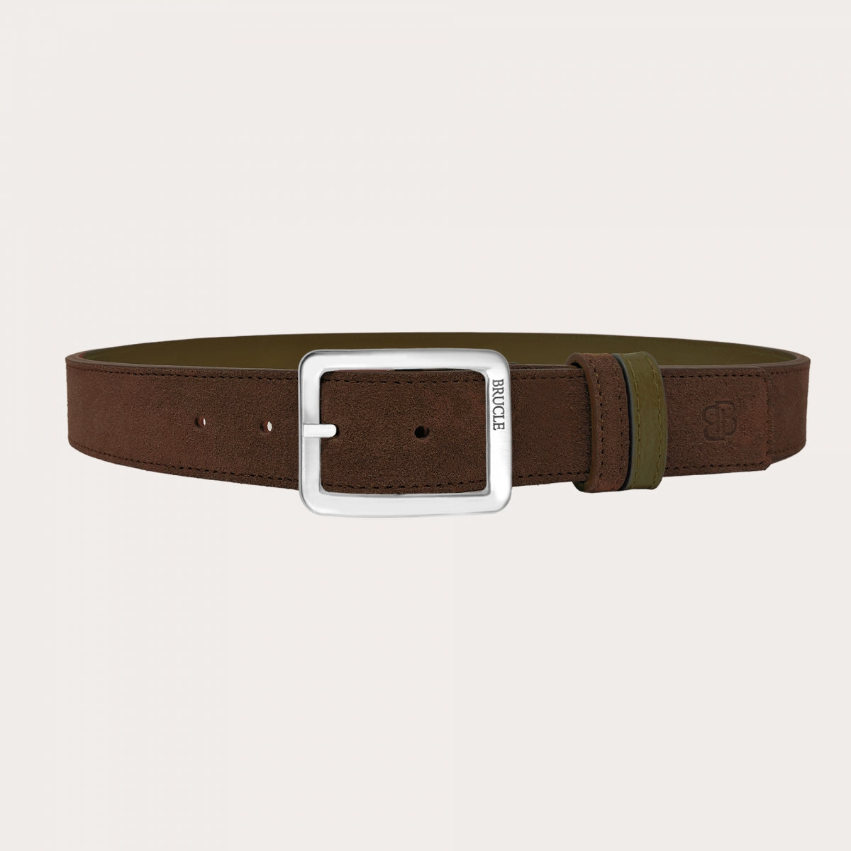Reversible Belt in Brown Suède and Kay Green Hammered Leather, Nickel- Free