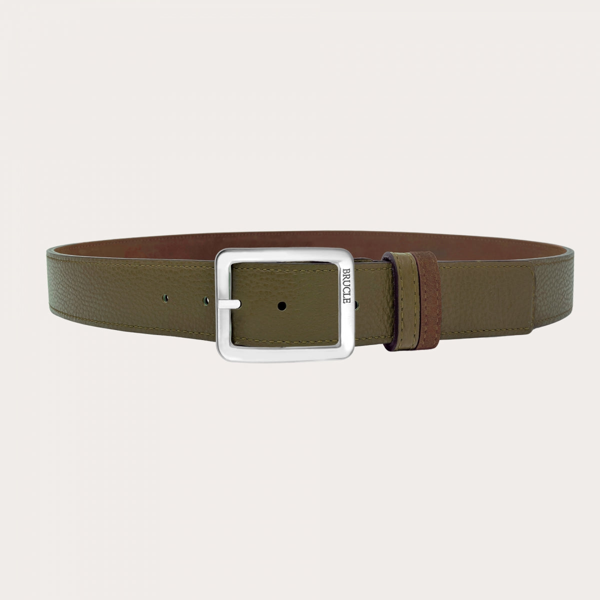 Reversible Belt in Brown Suède and Kay Green Hammered Leather, Nickel- Free