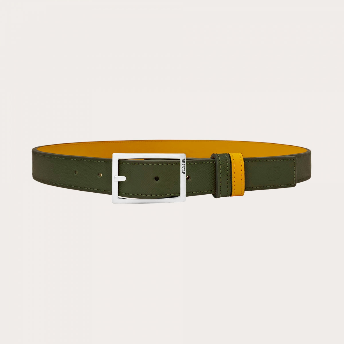 Reversible Saffiano Leather Belt – Military Green & Yellow | Made in Italy