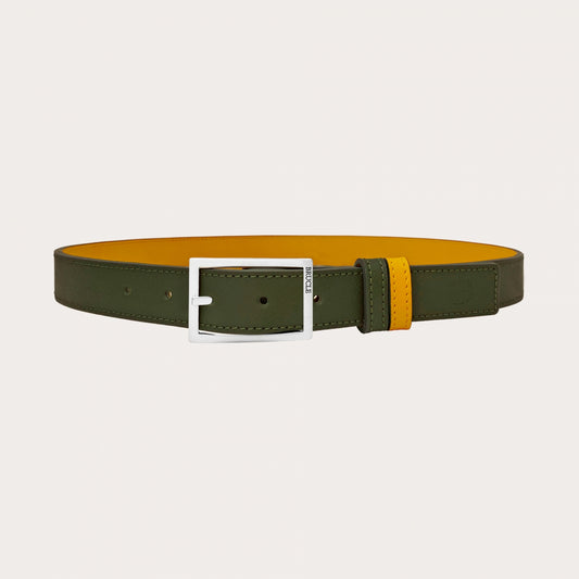 Omkeerbare Saffiano Leren Riem – Militair Groen & Geel | Made in Italy