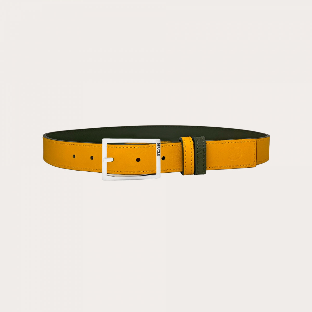 Reversible Saffiano Leather Belt – Military Green & Yellow | Made in Italy