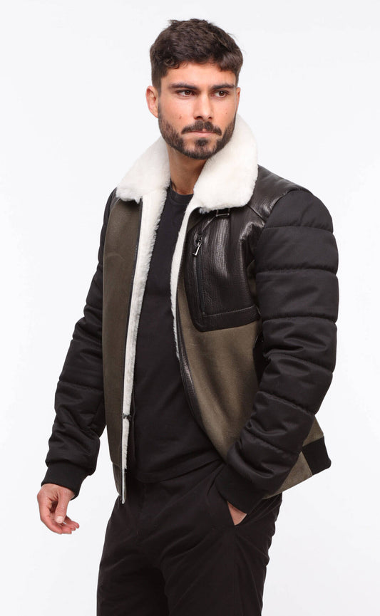 Mouton Shearling Jas – Khaki & Zwart