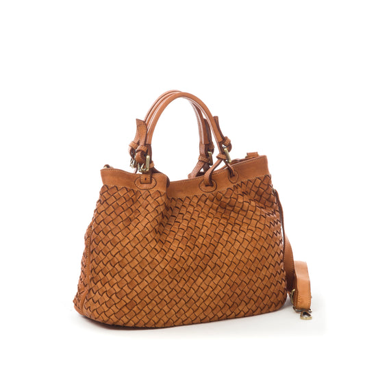 Italian Braided Leather Handbag - Sara in Cognac - Made in Florence
