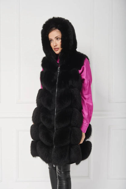 Luxury Long Faux Fur Vest - Black