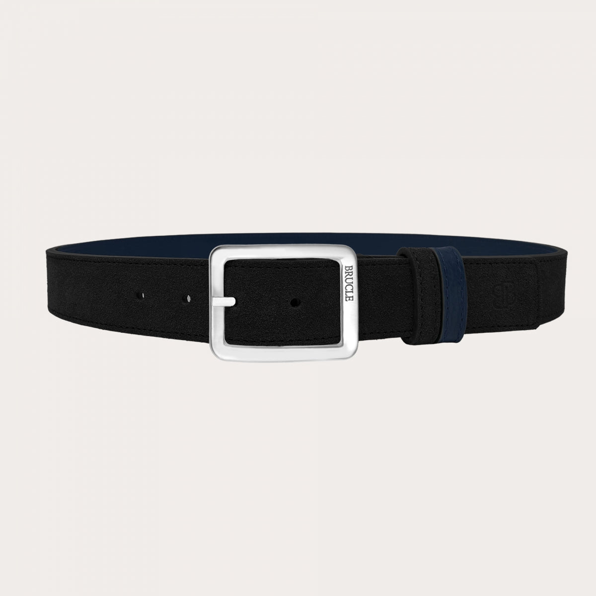 Reversible Belt in black suede and blue hammered leather, nickel-free