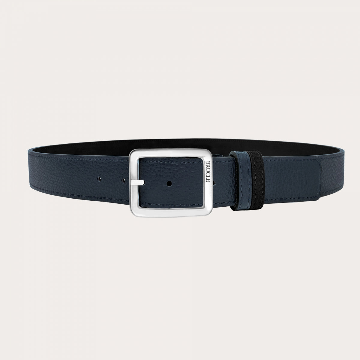 Reversible Belt in black suede and blue hammered leather, nickel-free