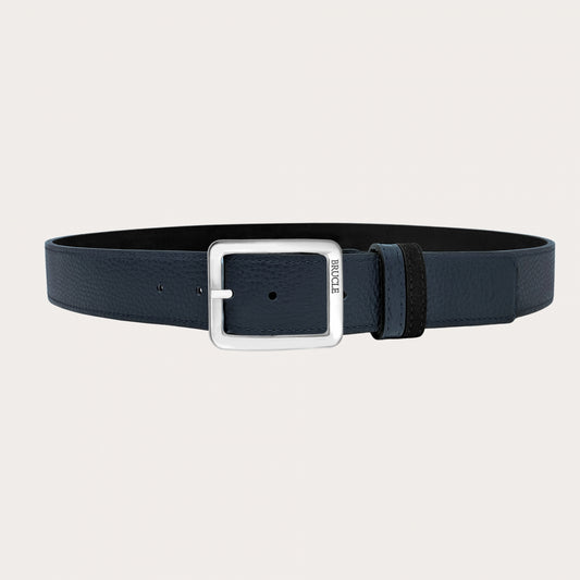 Reversible Belt in black suede and blue hammered leather, nickel-free