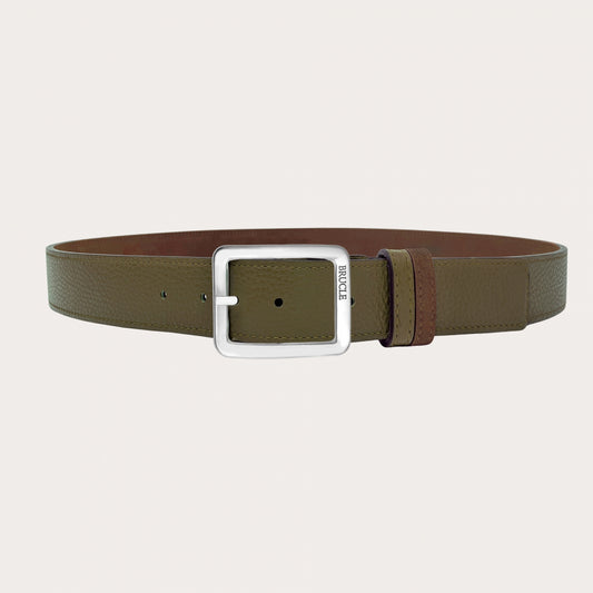 Reversible Belt in Brown Suède and Kay Green Hammered Leather, Nickel- Free