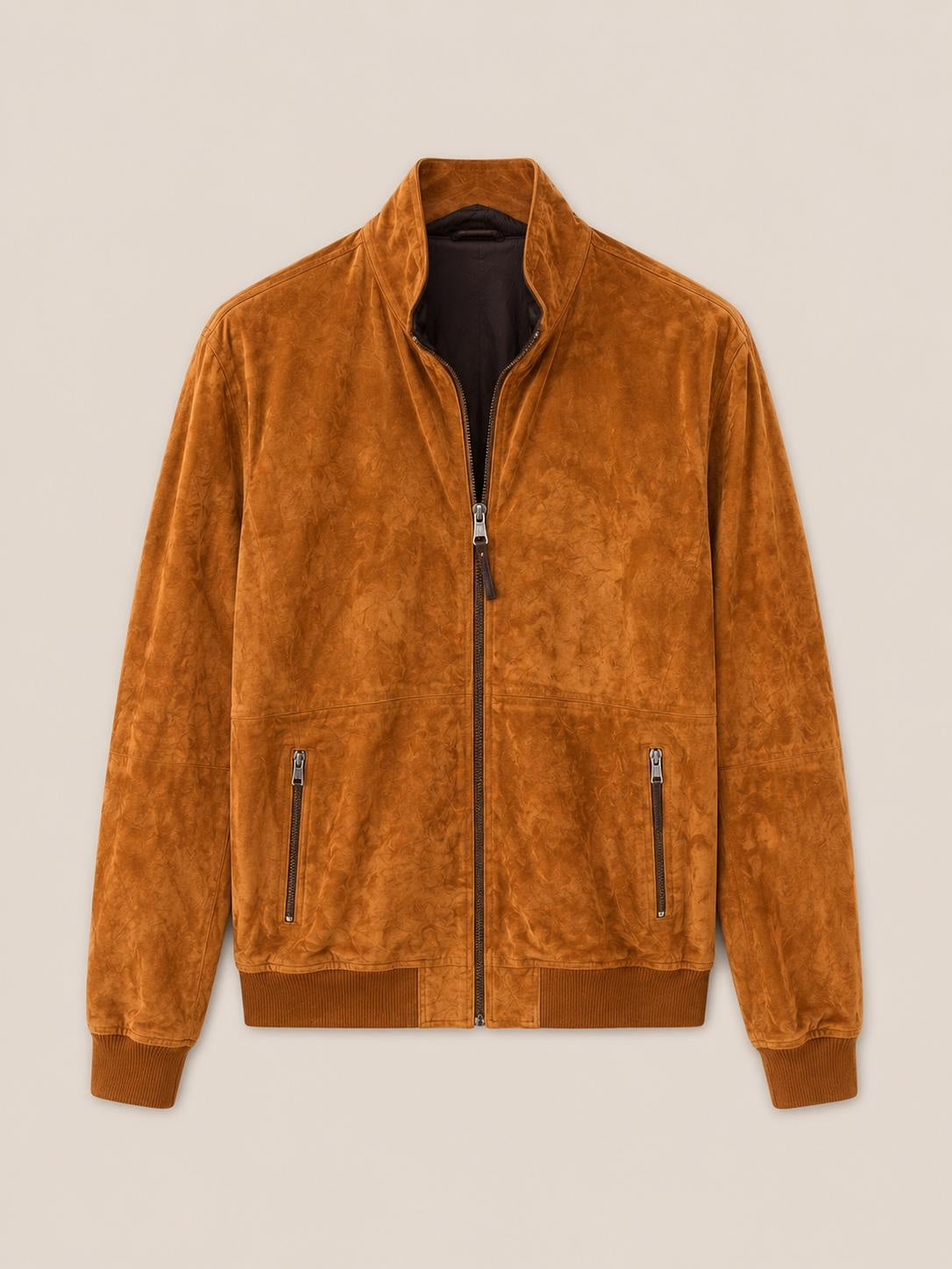 Croft Leather tan suede bomber jacket with a stand-up collar, full-length front zip, and ribbed cuffs.