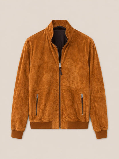 Croft Leather tan suede bomber jacket with a stand-up collar, full-length front zip, and ribbed cuffs.