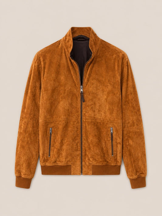 Croft Leather tan suede bomber jacket with a stand-up collar, full-length front zip, and ribbed cuffs.